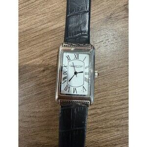 Coldwater Creek White Dial Rectangle Silver Tone Case Black Leather Band Watch